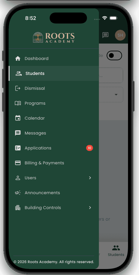 Roots Academy — Admin Navigation